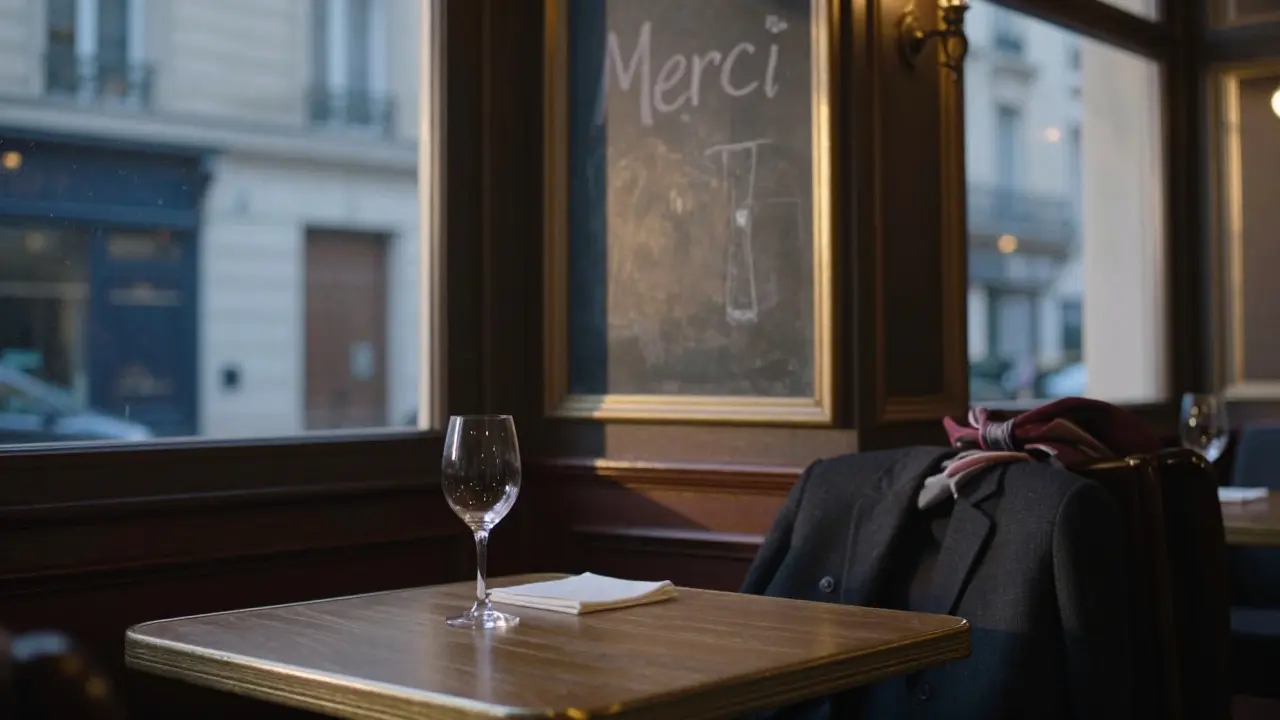 An empty Paris café at dusk, a half-finished wine glass and folded napkin on a wooden table.
