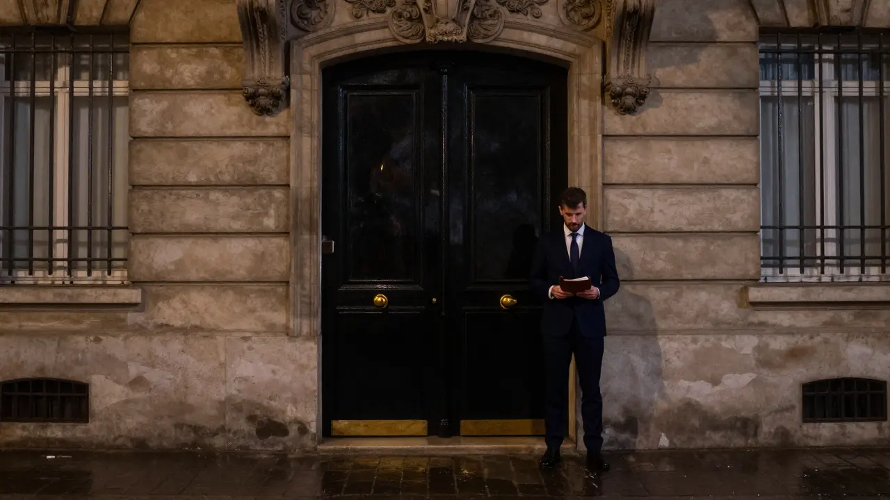 An unmarked black door on a quiet Paris street at night, with a doorman in a navy suit holding a leather guest list.