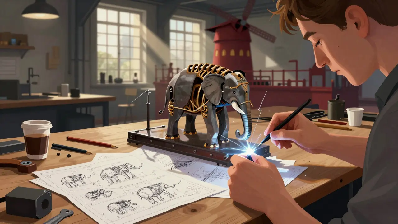 Artists and engineers assemble the giant elephant in a Nantes workshop, surrounded by blueprints and tools.