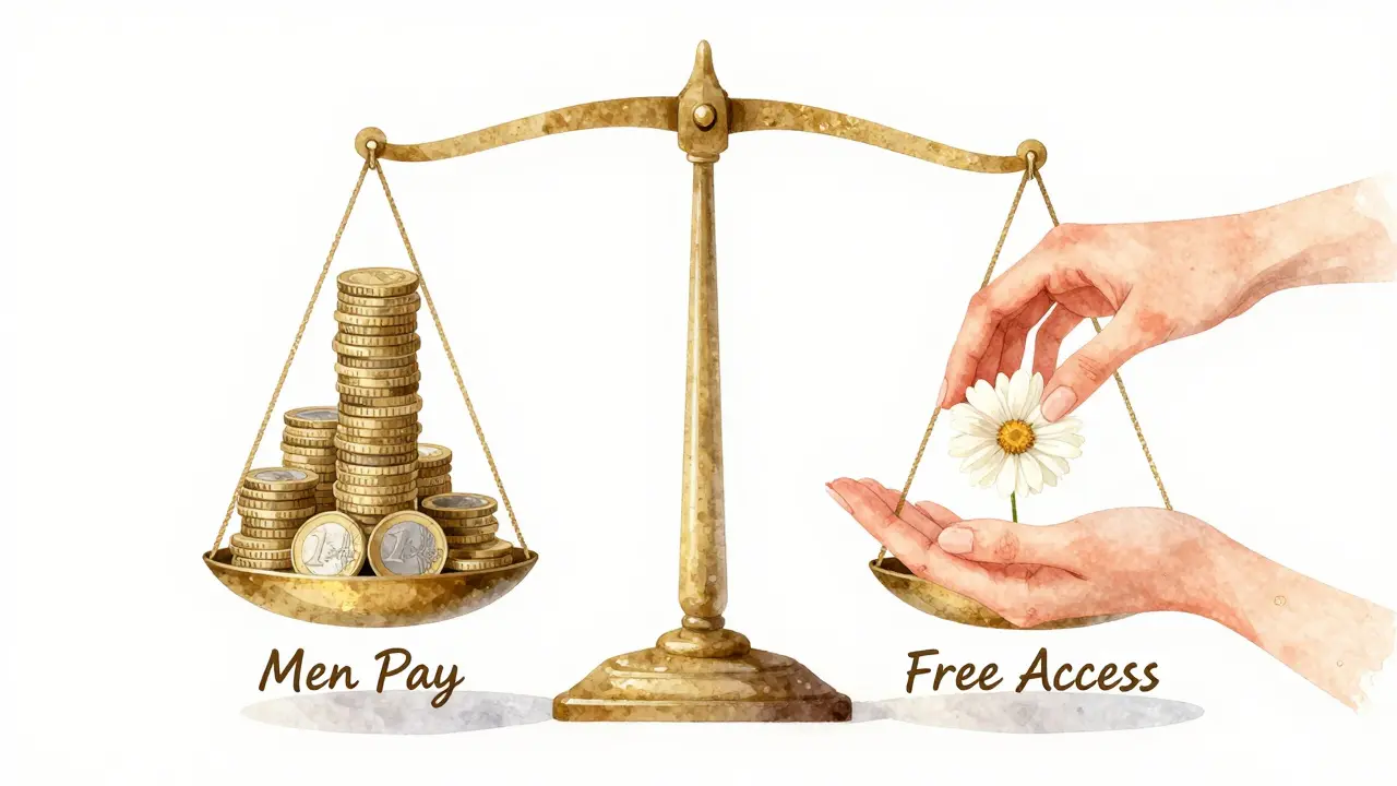 Balance scale with coins on one side and a flower on the other, symbolizing men paying and women accessing freely.