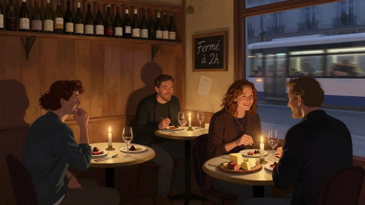Chefs and sommeliers share food and laughter at the intimate Le Comptoir du Relais restaurant during its late-night hours.
