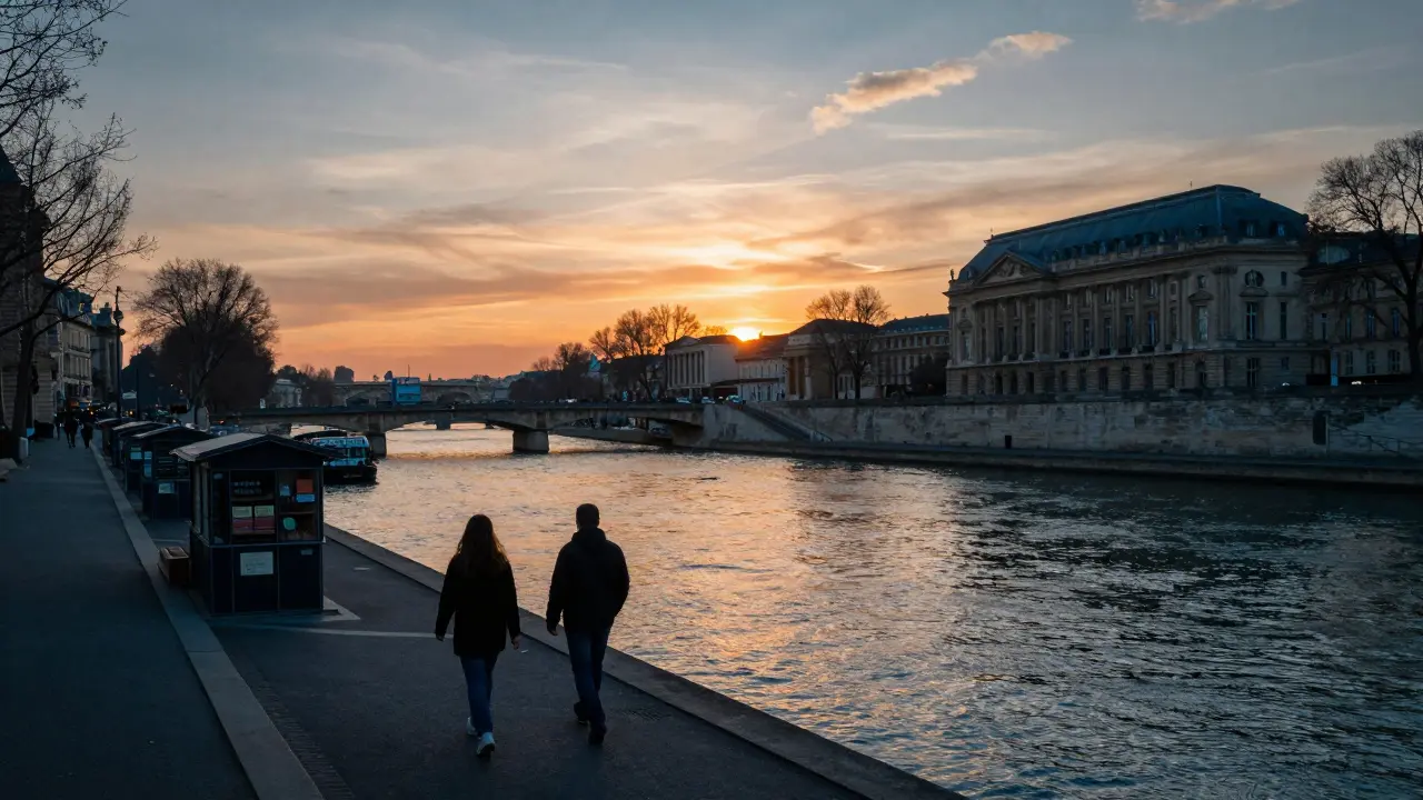 Couple strolling along Seine River at sunset with bookstalls nearby