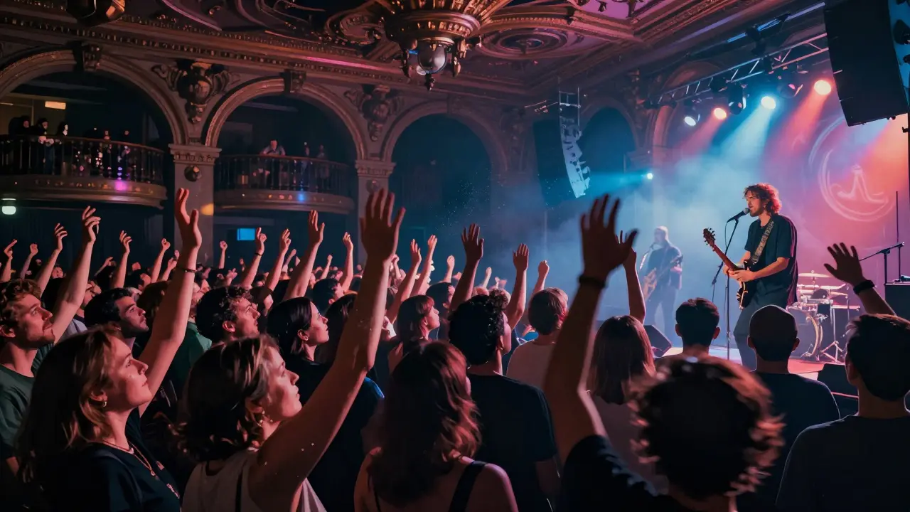 Crowd at Le Bataclan energized during a rock concert, historic architecture and neon lights in background.
