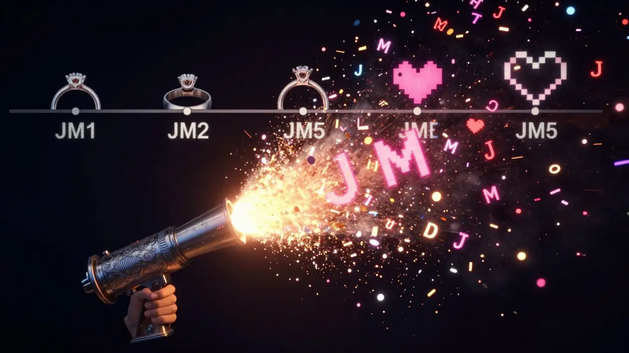 Digital confetti cannon with 'JM' letters turning into anniversary markers in glowing pixels.