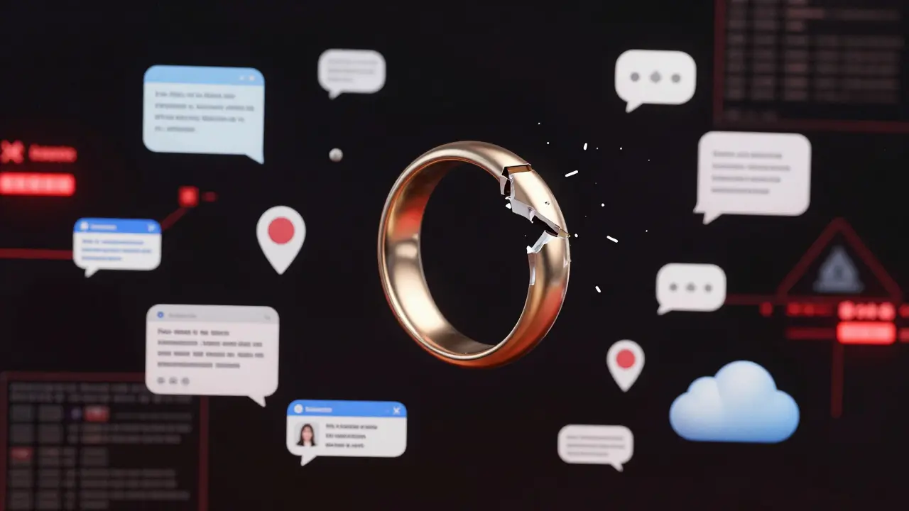 Digital data floats around a broken wedding ring, symbolizing how digital traces expose infidelity.