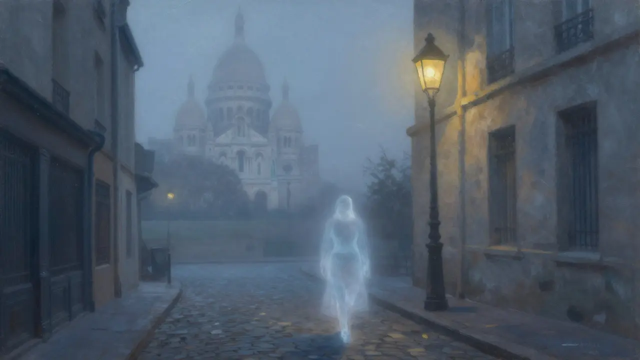 Foggy Montmartre street with ghostly figure near Sacré-Cœur Basilica at night