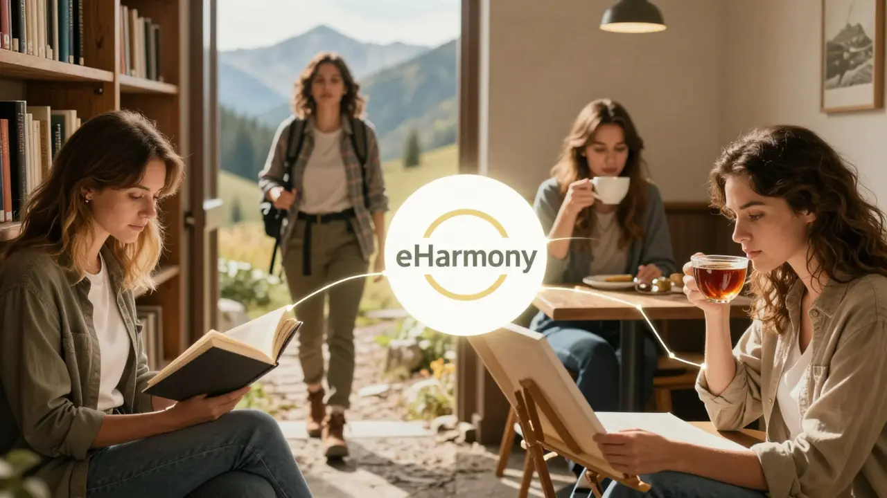 Four women in different peaceful settings, connected by glowing threads to the eHarmony logo, symbolizing depth and stability.