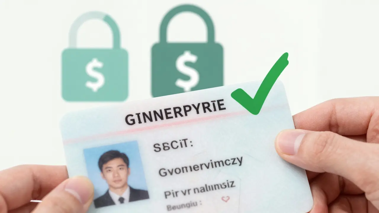 ID verification with checkmark and secure payment padlock icon.