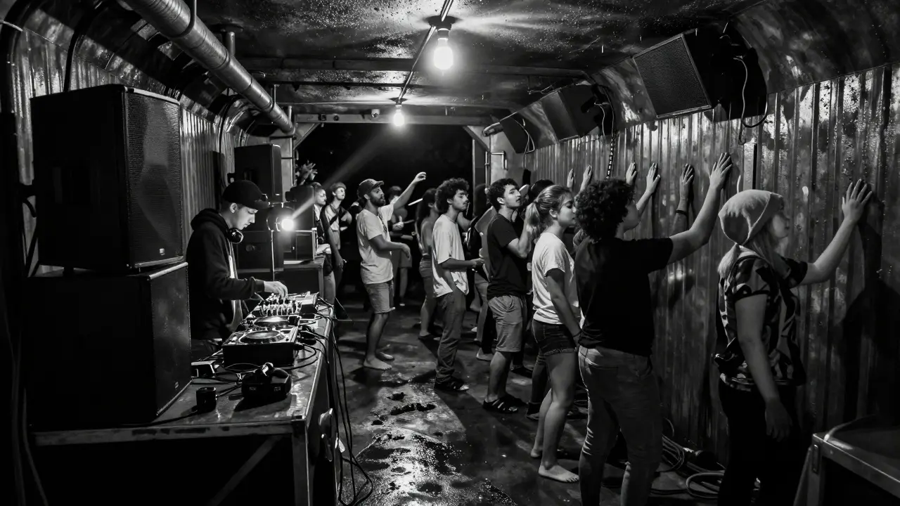 Inside the industrial nightclub Batofar, a diverse crowd feels the bass vibrating through steel walls under dim hanging lights.