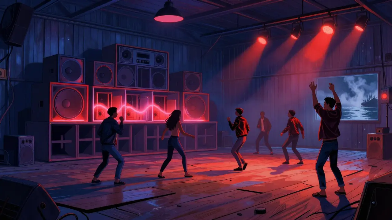 Interior of Batofar’s dance floor with exposed metal walls, pulsing lights, and diverse dancers moving to music under industrial lamps.