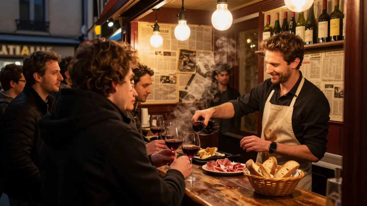 Locals standing at a crowded bistrot bar in Paris, clinking wine glasses beside plates of charcuterie.