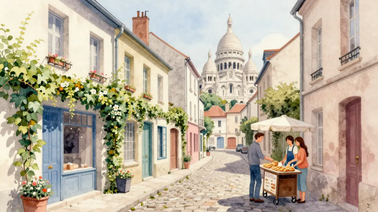 Montmartre street scene with crepe vendor and Sacré-Cœur in background