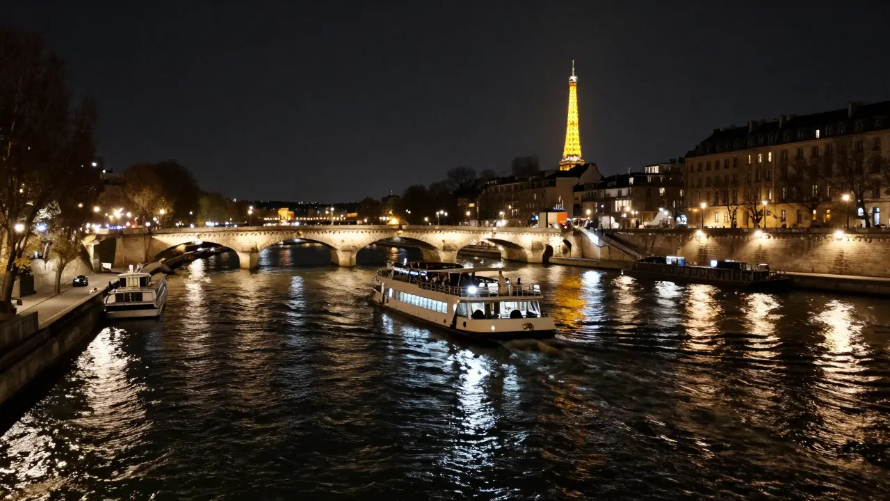 Night cruise on Seine River under Pont Neuf with city lights reflecting on water