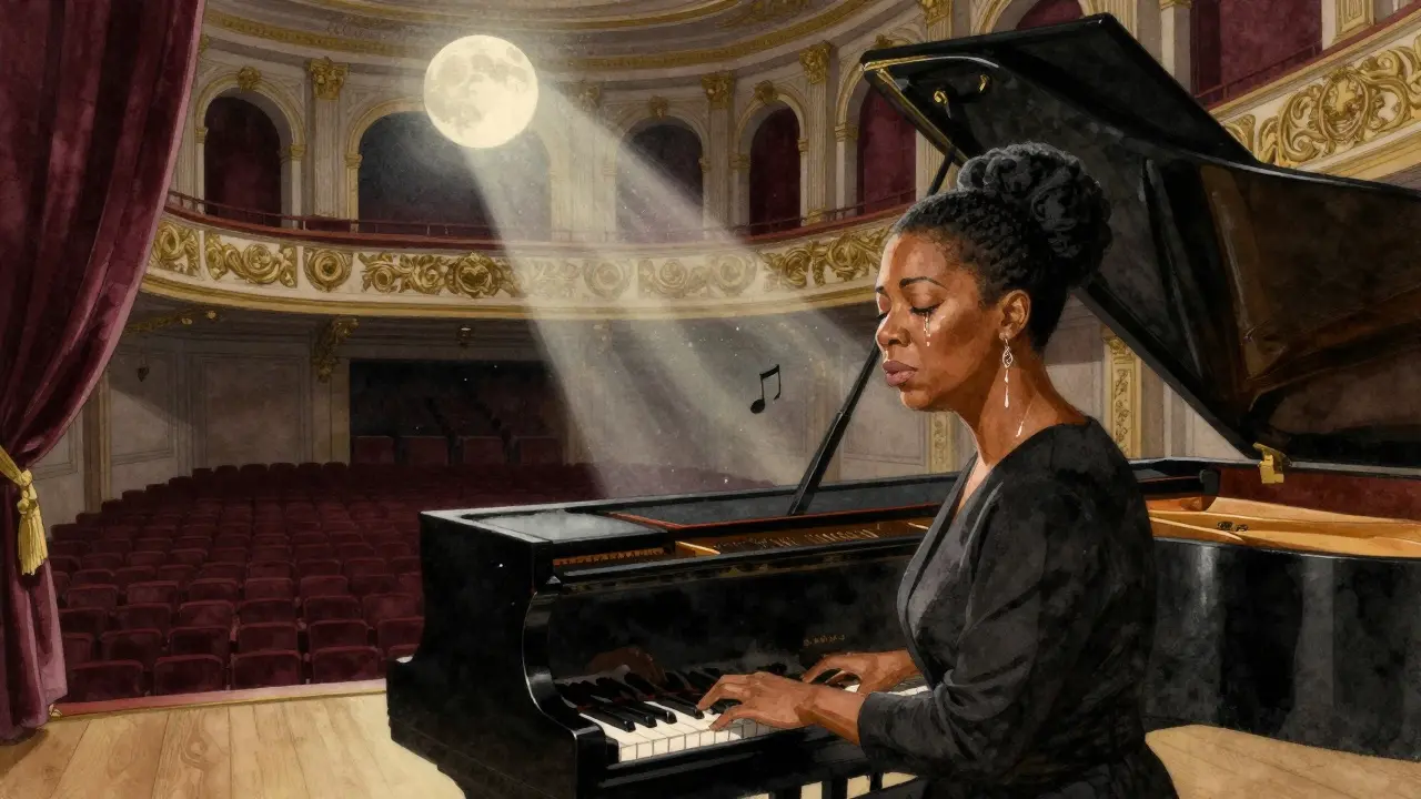 Nina Simone at the piano in Salle Gaveau, tears falling as moonlight highlights her face during a quiet, emotional moment.