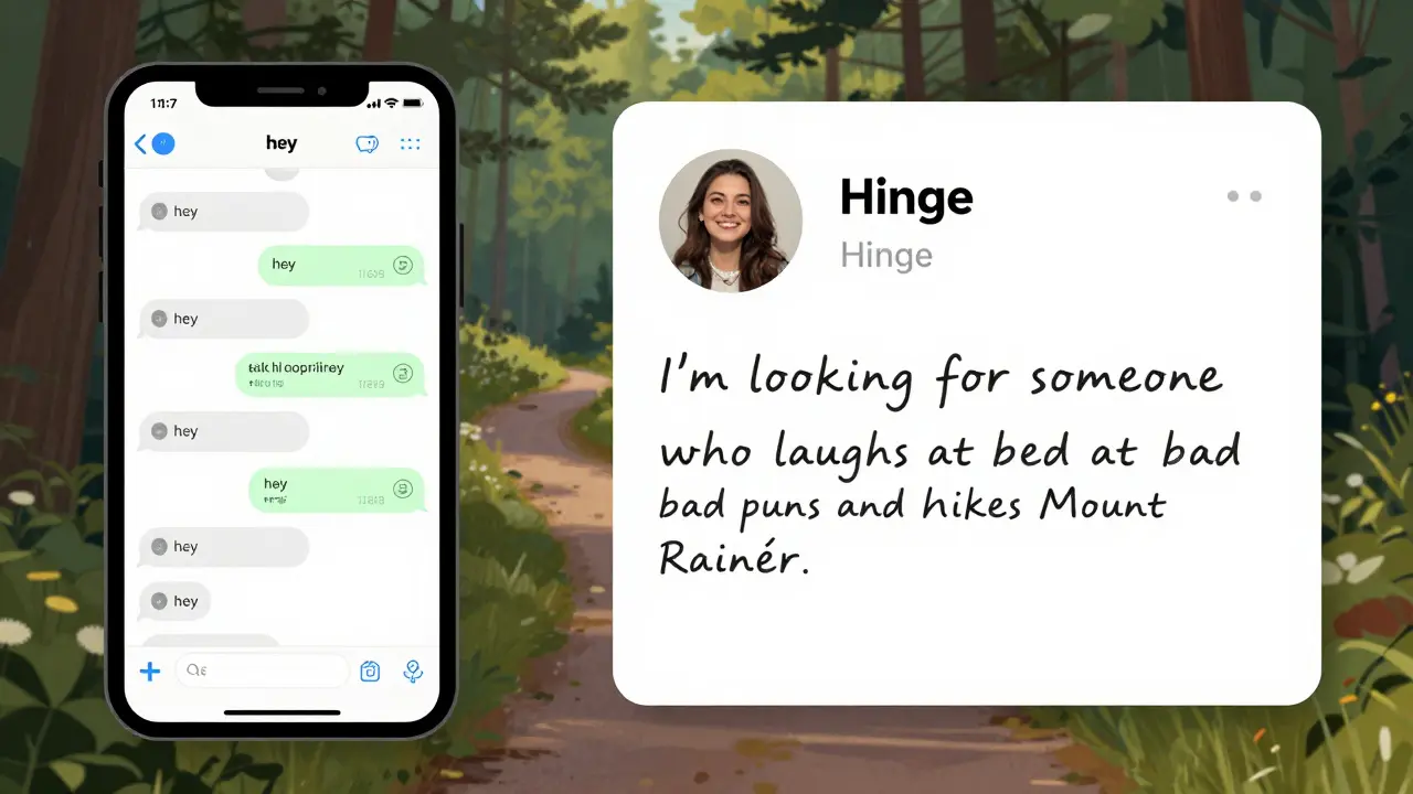 Split-screen: chaotic dating app swipes versus a thoughtful Hinge profile with personal answers about hiking and humor.