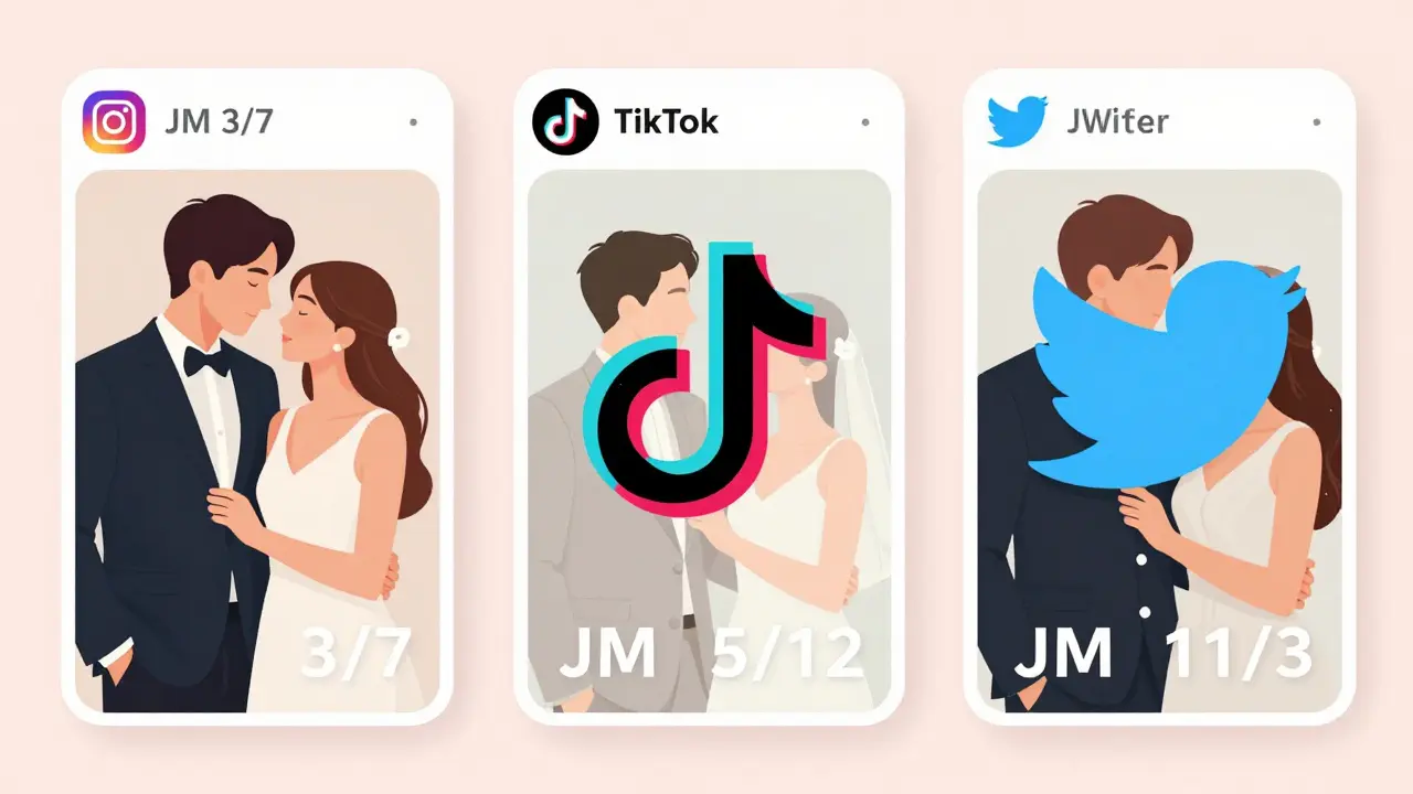 Three social media feeds displaying 'JM' dates next to wedding photos in minimalist style.