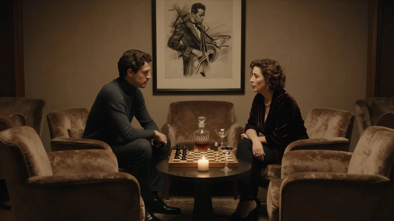 Two elegant guests converse quietly in a candlelit private lounge at Matignon Nightclub, surrounded by vintage art and silence.