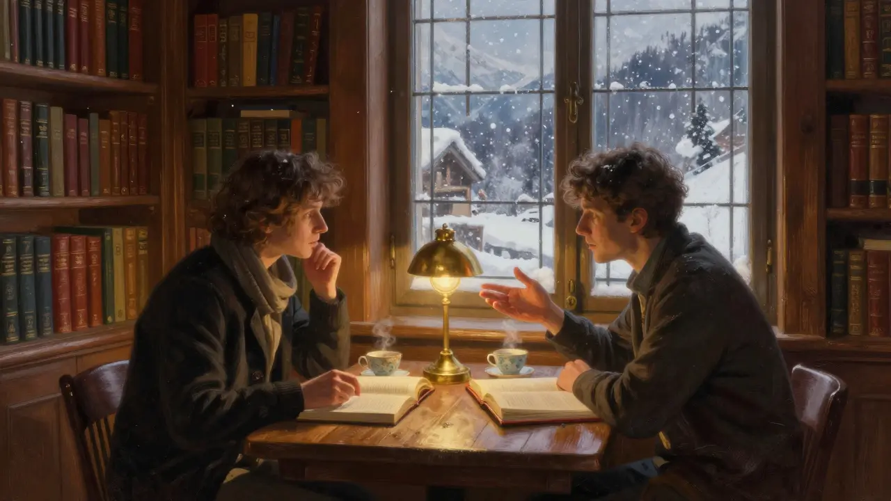 Two people in a cozy Alpine library discussing music over tea, snow falling outside.