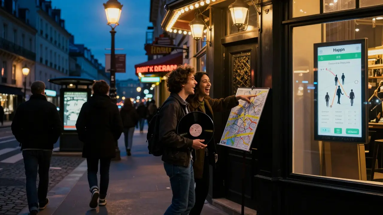 Two people laughing near a jazz club in Montmartre, with pedestrians passing in the background.
