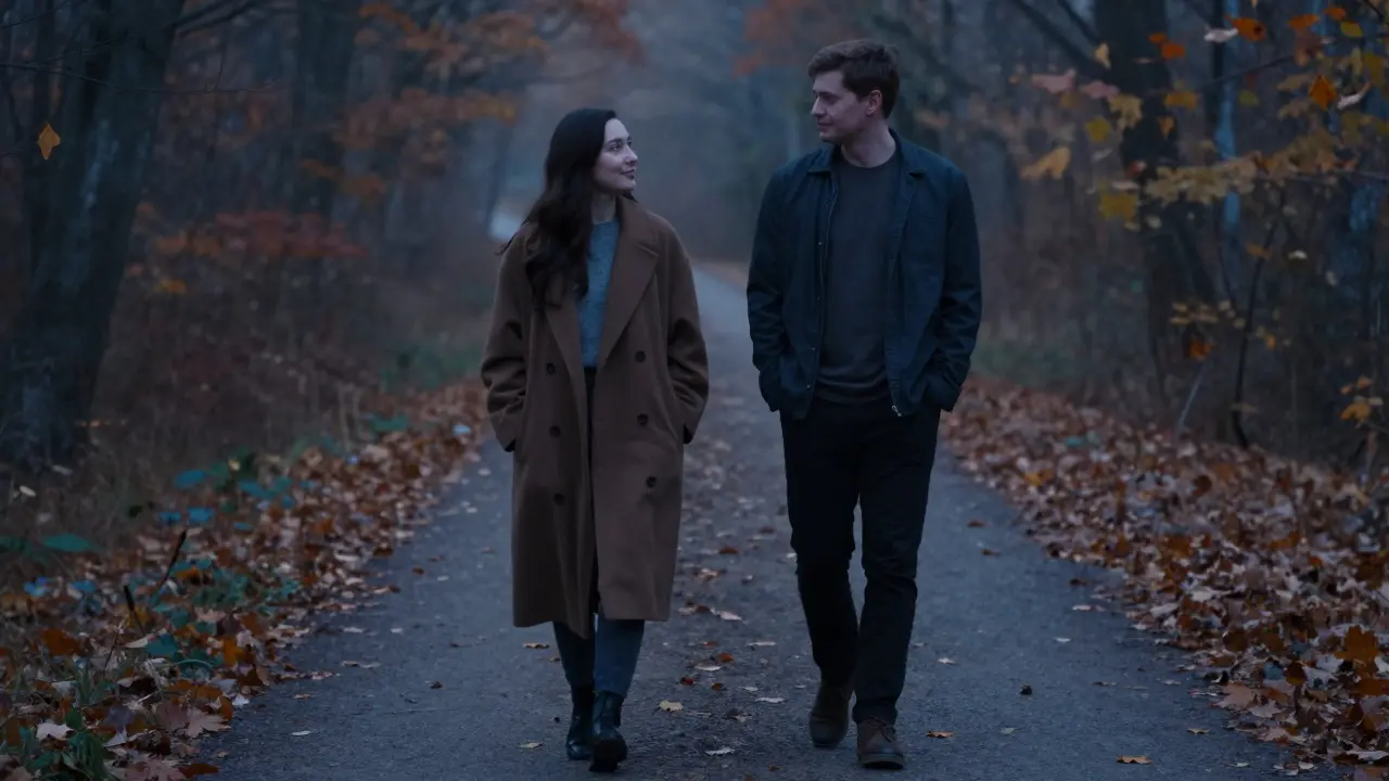 Two people walking peacefully along a forest path at dusk, no words, subtle connection in their quiet rhythm.