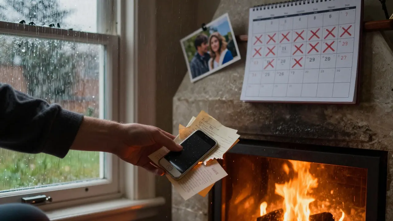 A burning pile of letters and phone in a fireplace, rain outside, as a crooked photo of a couple hangs on the wall.
