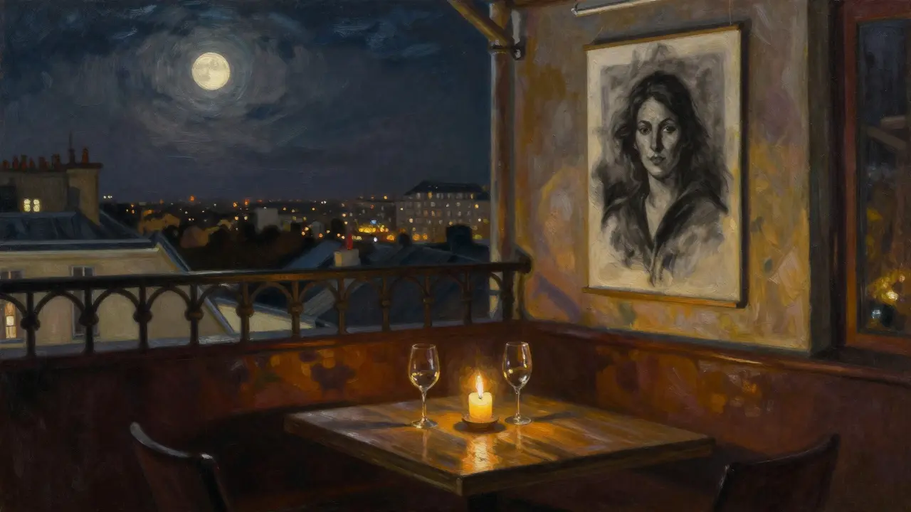 A candlelit rooftop lounge with empty wine glasses and a charcoal portrait, moonlight filtering through iron railings.