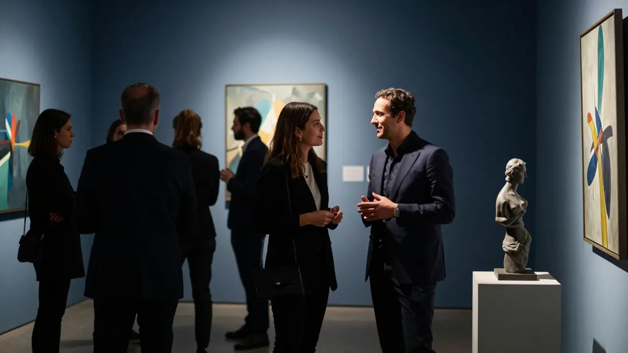 A couple engaging in thoughtful conversation at an upscale art gallery opening, phones absent, surrounded by abstract art.