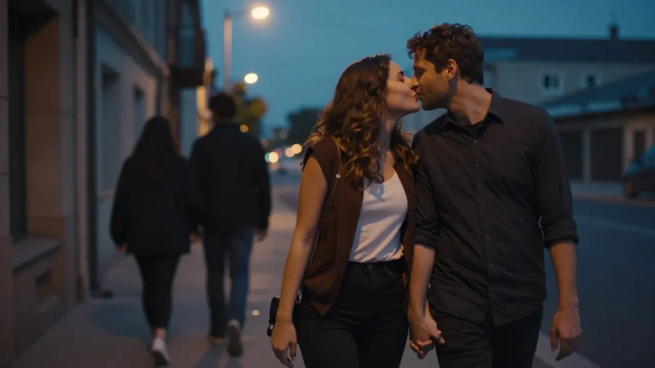 A couple sharing a tender kiss at dusk, free from family obligations and social pressures.