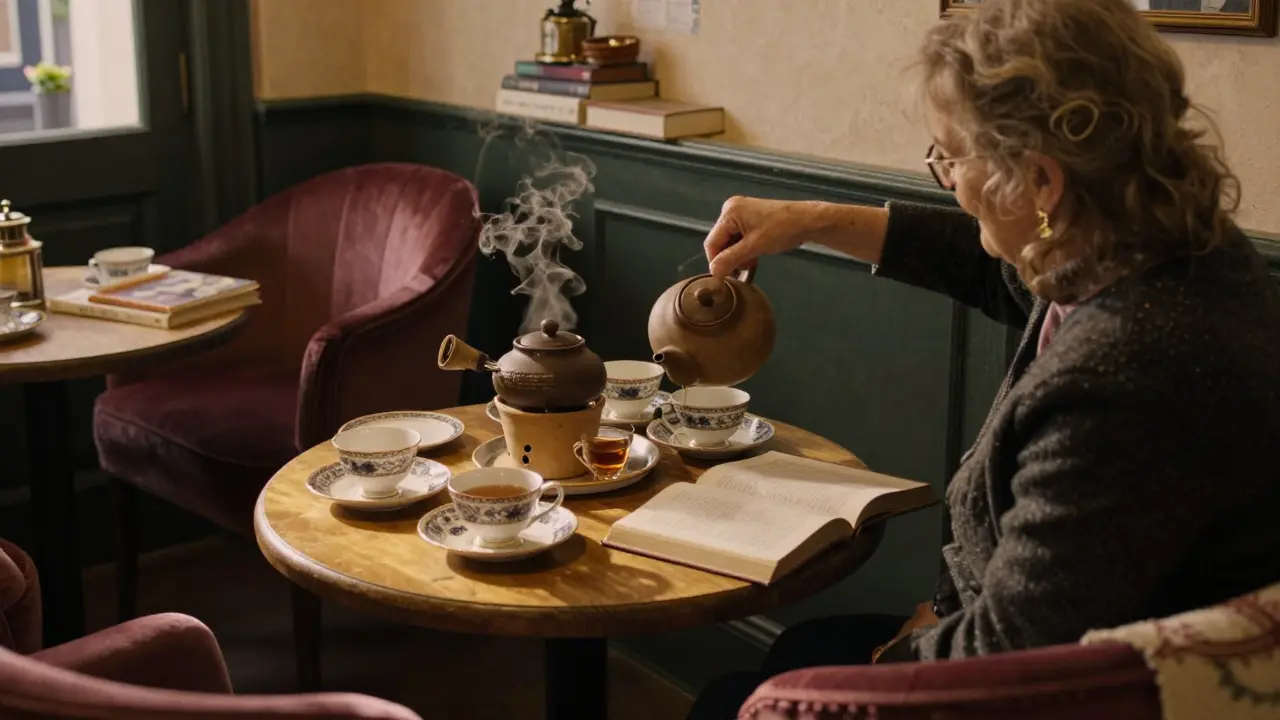 A cozy Montmartre tea room with mismatched china and a woman pouring tea from a clay pot.