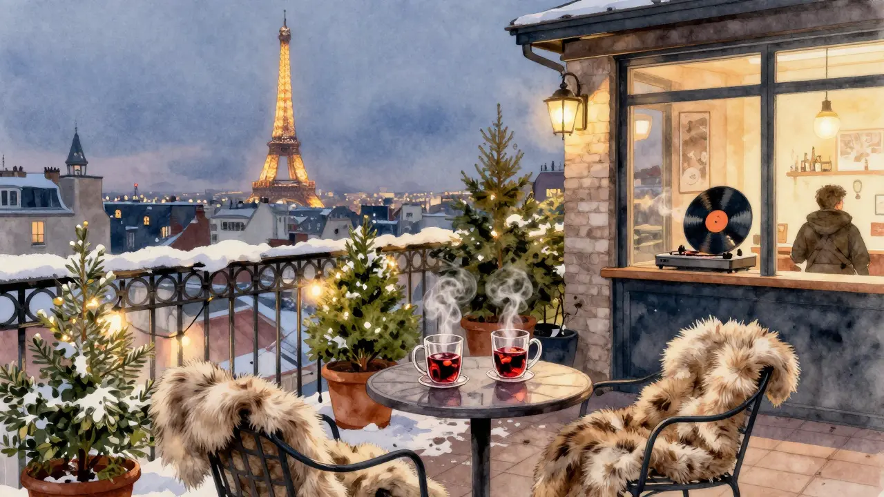 A cozy rooftop terrace in winter with people sipping mulled wine, the Eiffel Tower glowing softly in the distance.