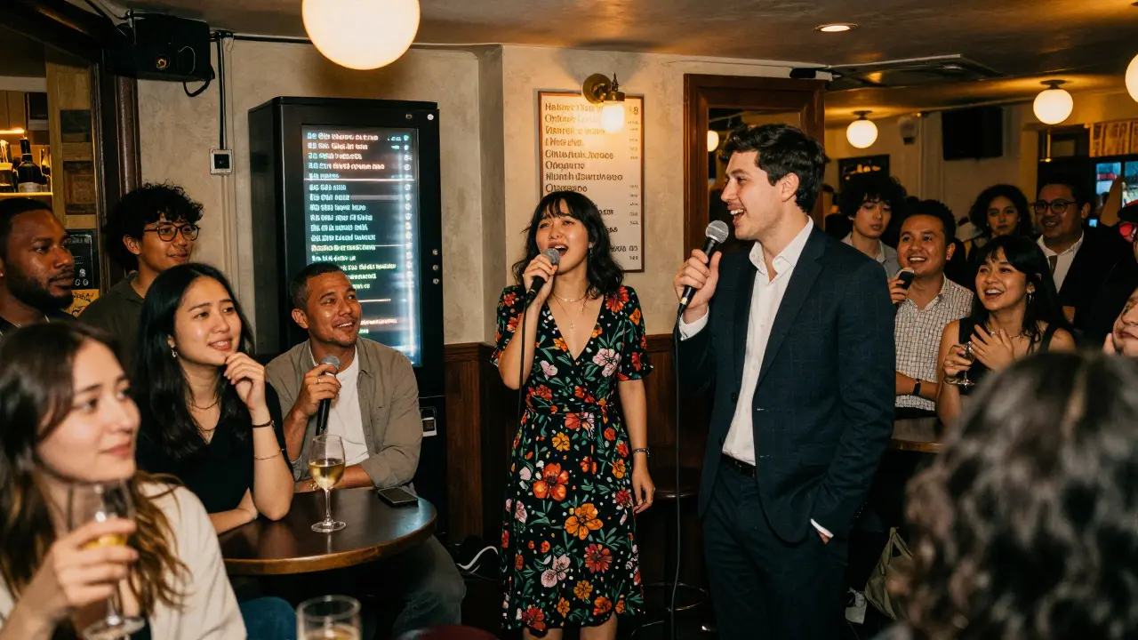 A diverse crowd sings together in a Paris basement bar, blending Korean and French songs under glowing lights.
