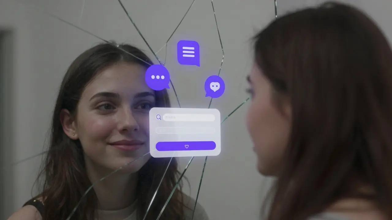 A fractured mirror showing two emotional states with digital icons floating between them.