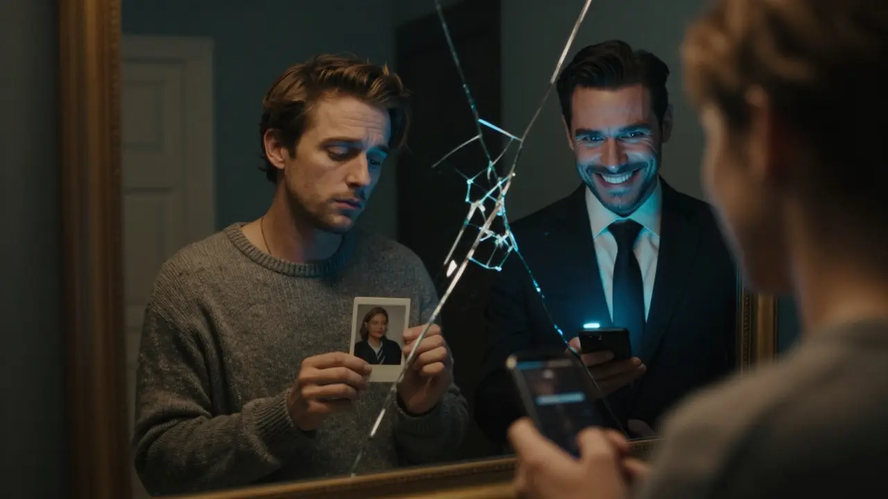 A fractured mirror shows two versions of a man—one authentic, one deceitful—symbolizing the erosion of self.