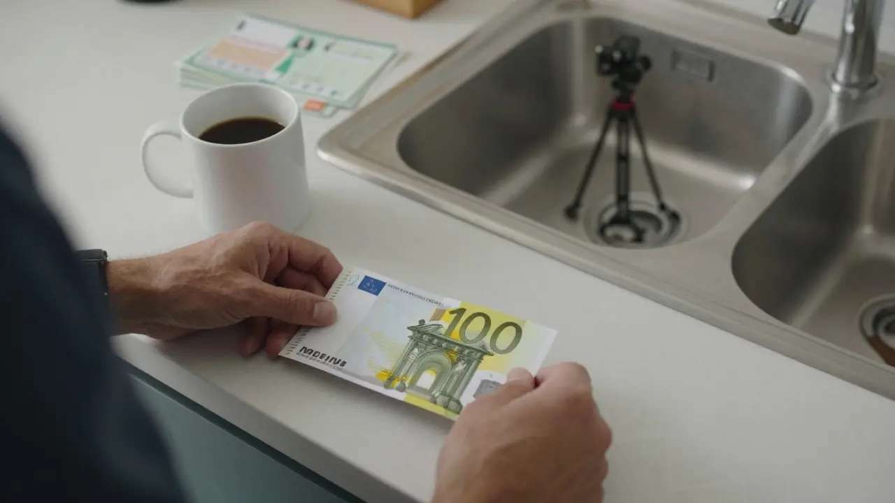 A hand placing a payment envelope on a kitchen counter, with subtle reflections showing symbols of Greg's authentic career.