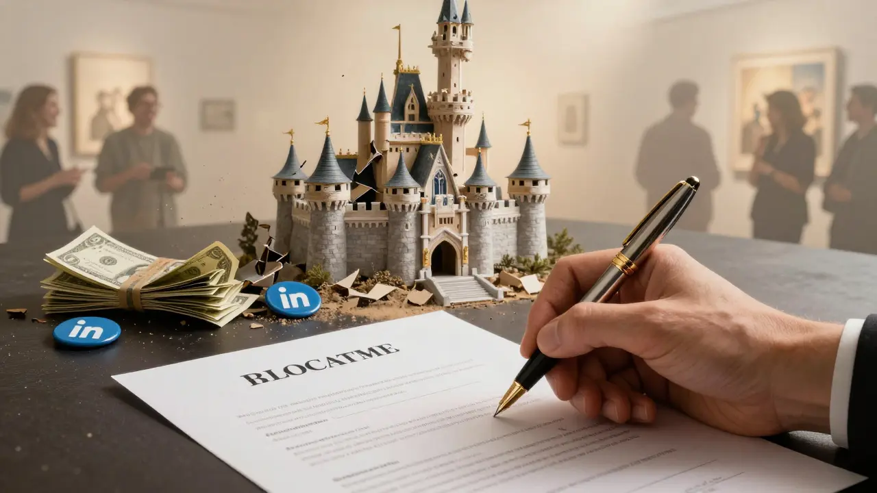 A hand signing a costly dating subscription as a castle of money and badges crumbles, while real social connections glow faintly in the distance.