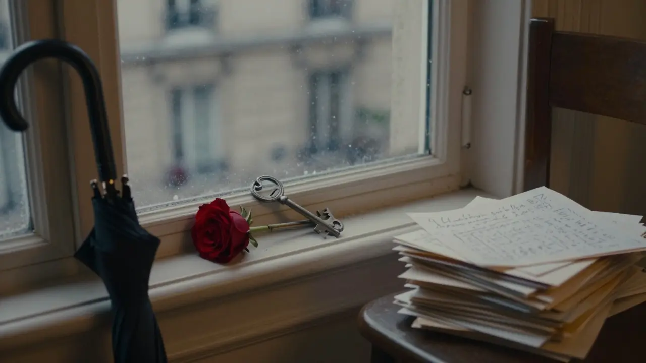 A key and a red rose on a windowsill beside stacked letters, a black umbrella nearby, snow falling outside.