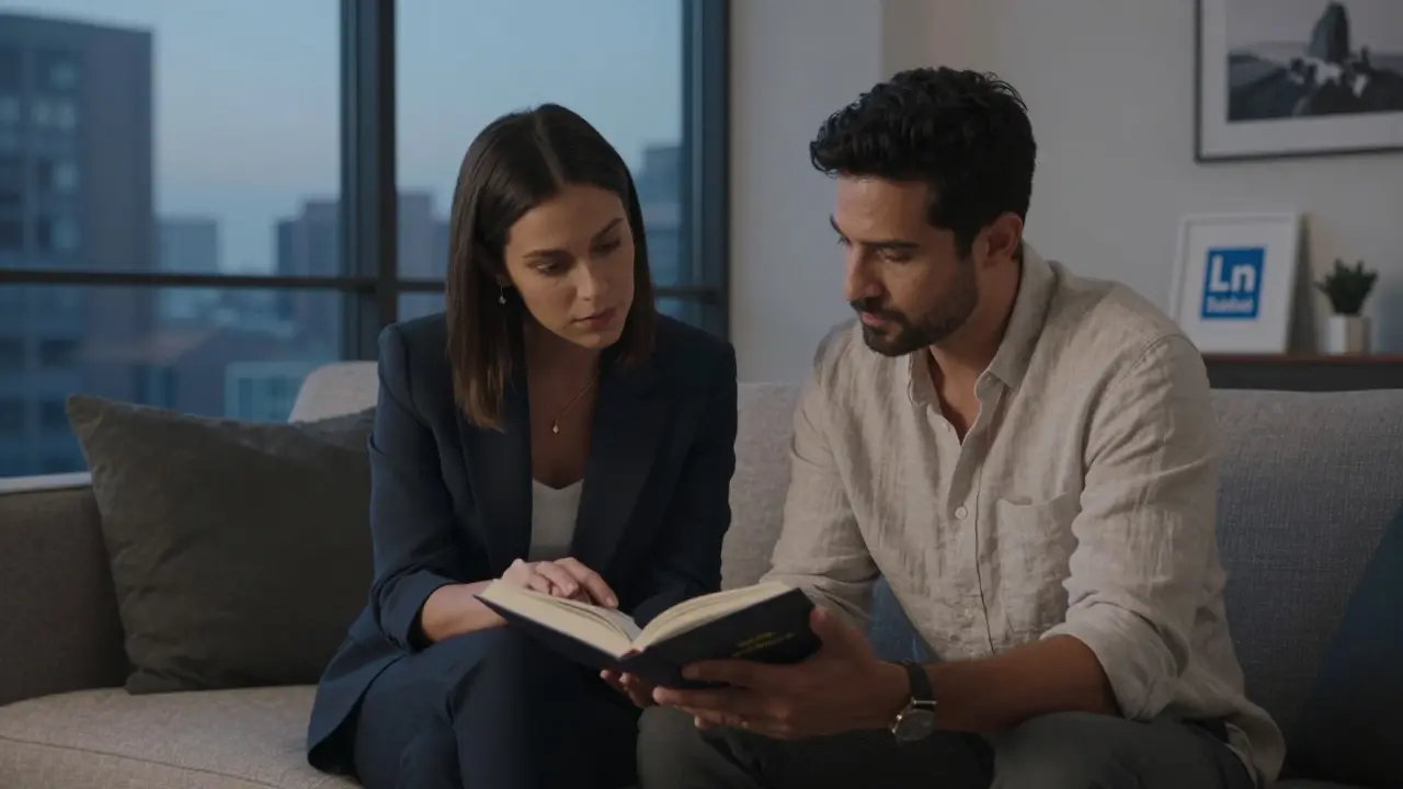 A man and woman reading a book together on a couch, city skyline visible through the window, symbolizing intentional connection.