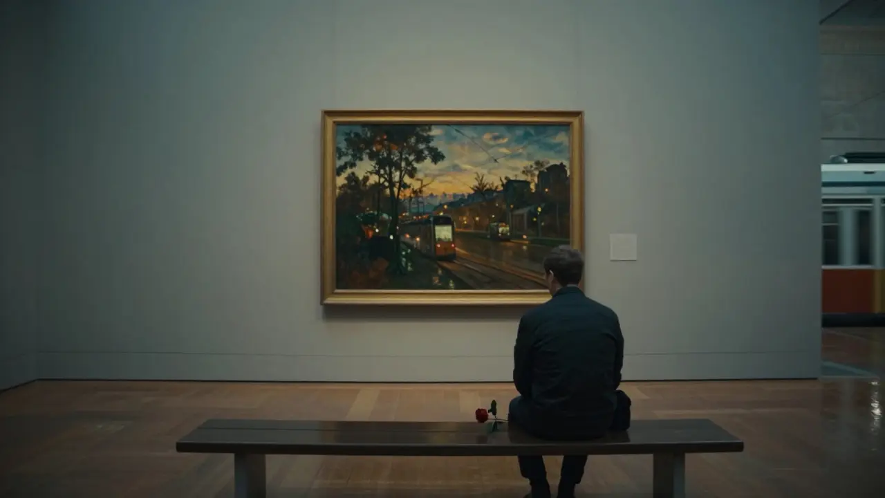 A quiet painting titled DP-188 in the Musée d'Orsay, showing a man holding a rose on a bench with a faint tram reflection on wet pavement.