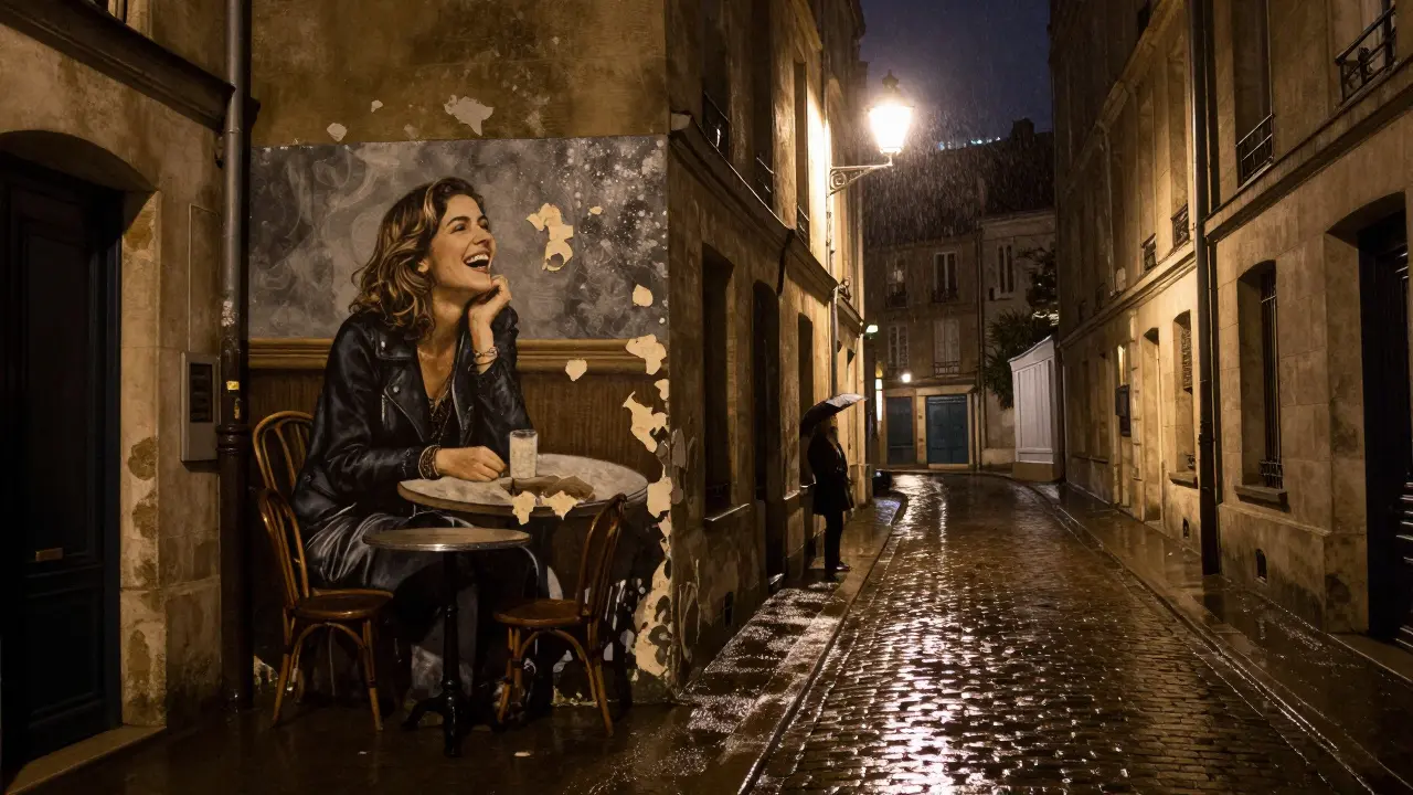 A rain-dampened alley in Le Marais with a faded mural of a woman laughing alone at a café table, lit by a single streetlamp.