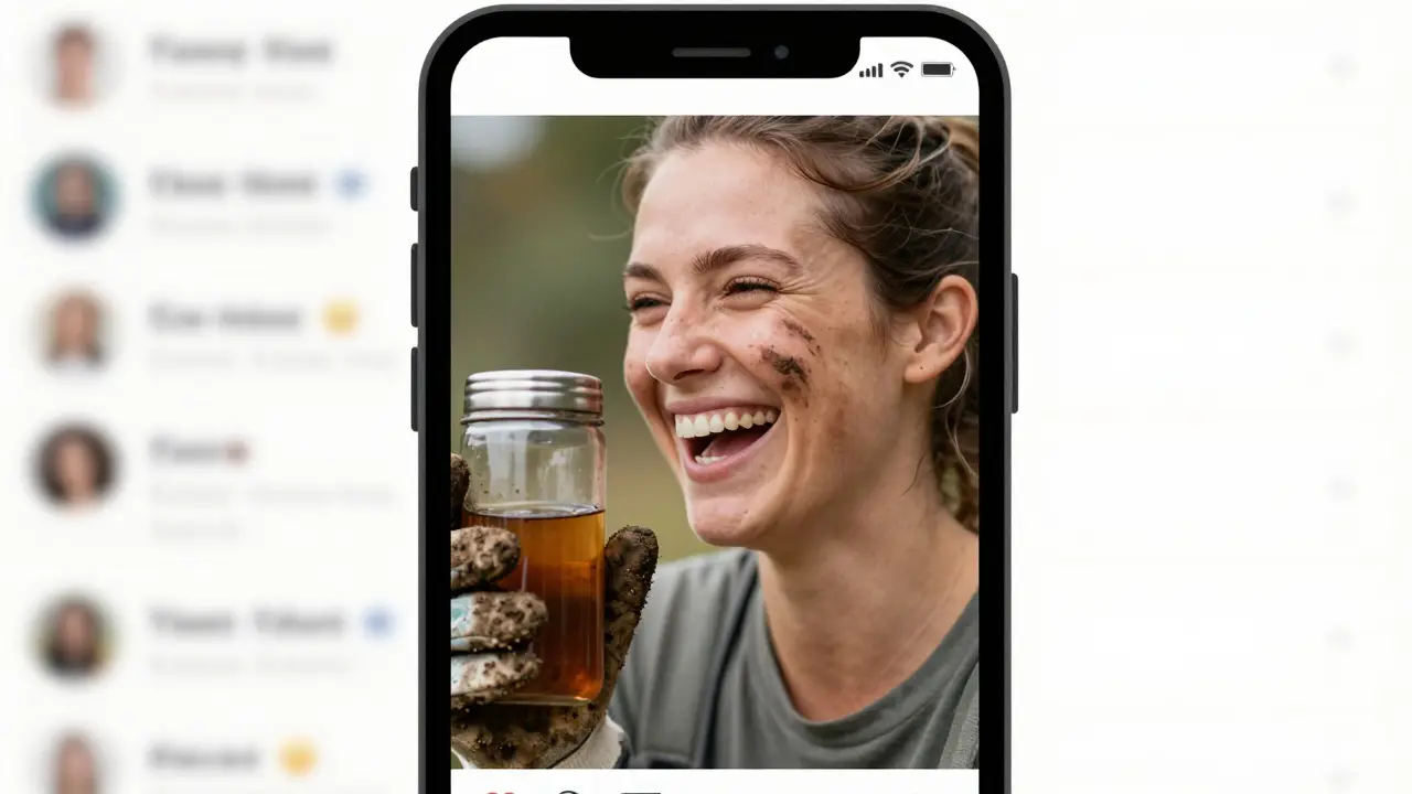 A real, unfiltered dating profile photo of a woman laughing with dirt on her cheek and a gardening glove in hand.