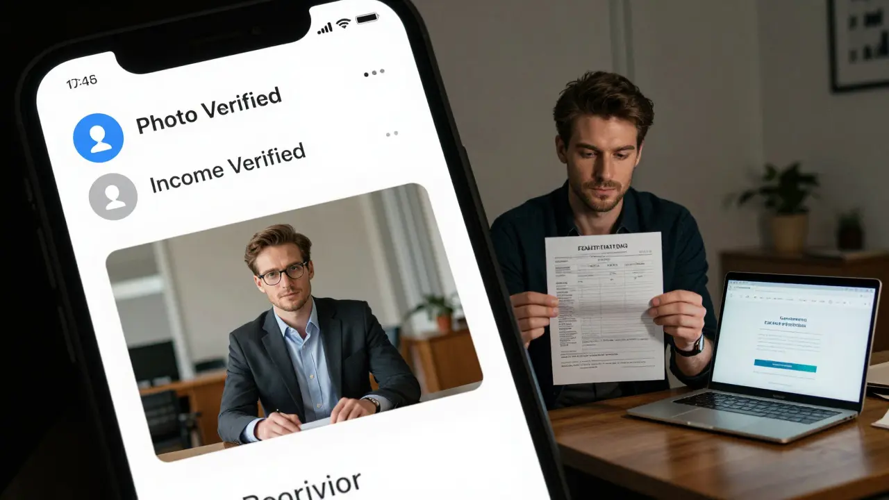 A smartphone screen showing fake verification badges next to contrasting images of a staged profile and the real, modest life behind it.