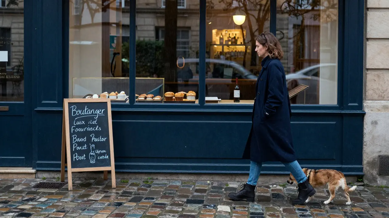A woman in a classic navy coat walks her dog past Luxembourg Gardens at dawn, rain reflecting on cobblestones.