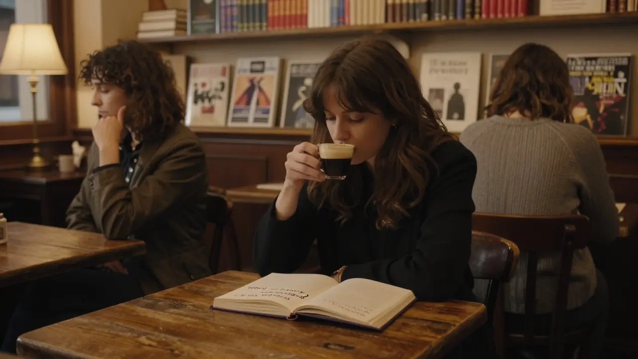 A woman sipping espresso in a theatre café after a show, journal open, another woman approaching her.