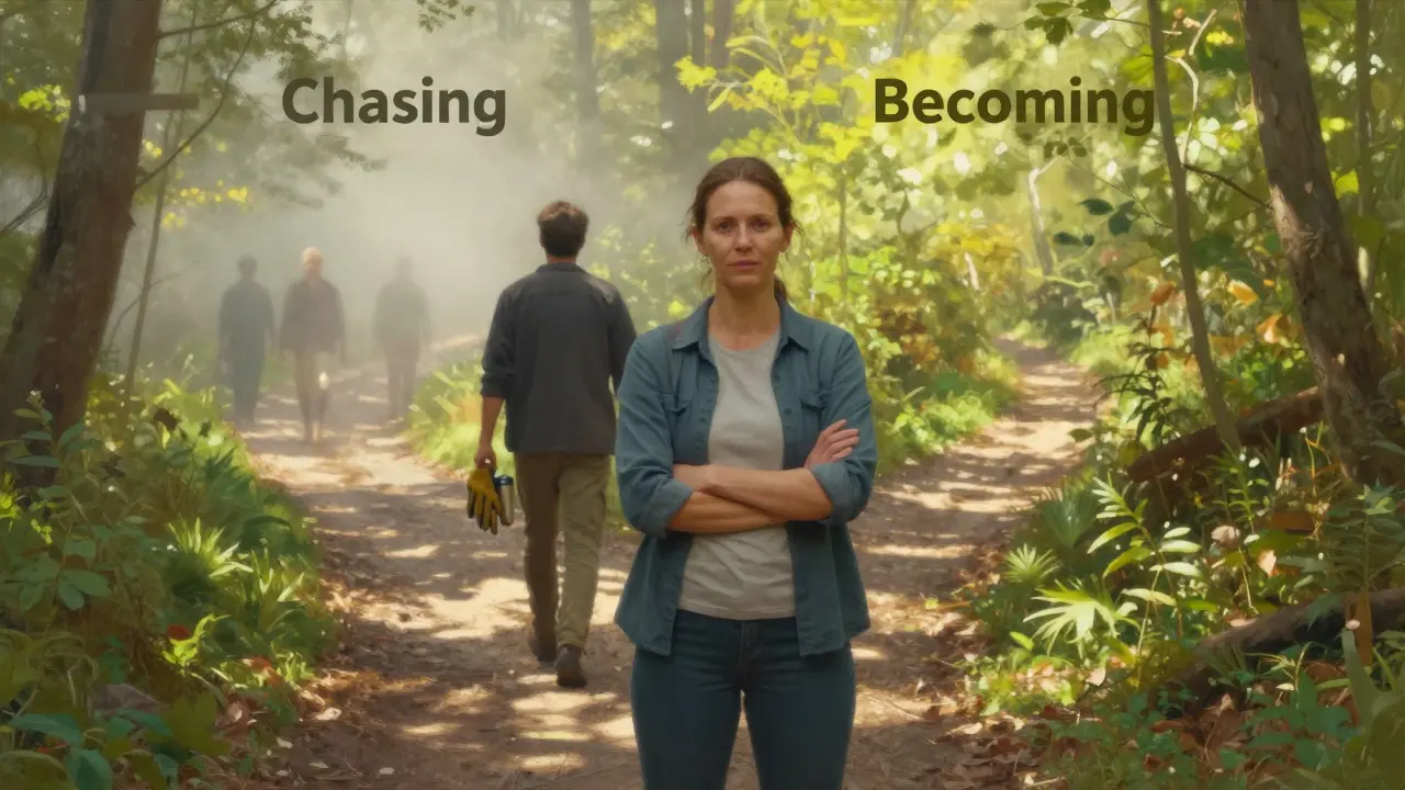A woman standing confidently on a forest trail as a man approaches, symbolic paths of 'Chasing' and 'Becoming' behind her.