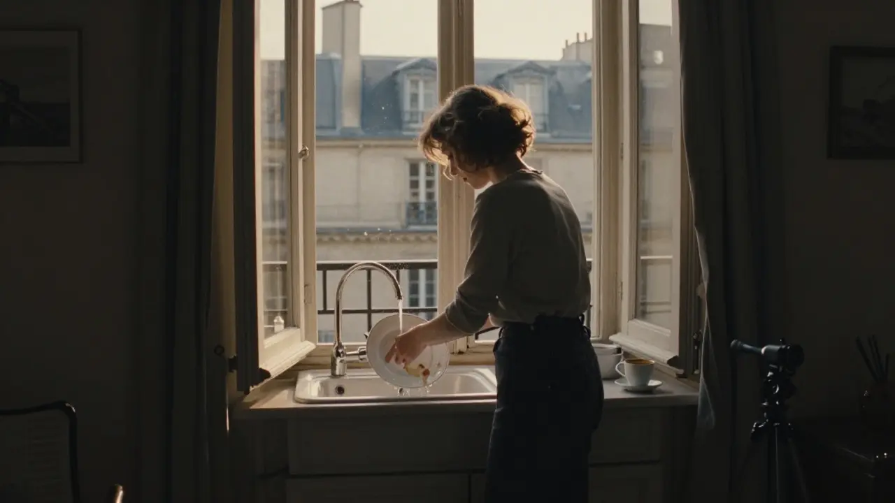 A woman washes dishes in a Paris apartment as sunlight falls across the sink — no dialogue, only the sound of water and quiet life.