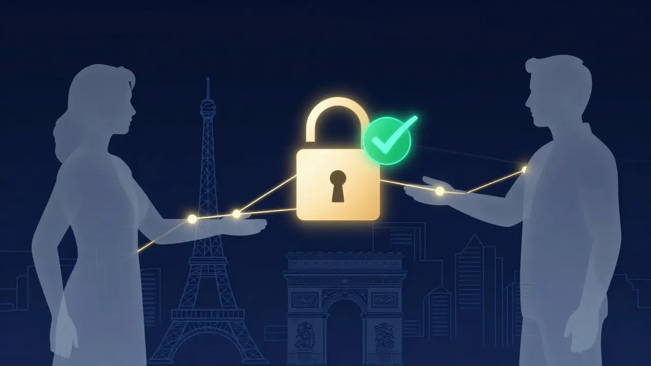Abstract art of digital trust with Paris skyline