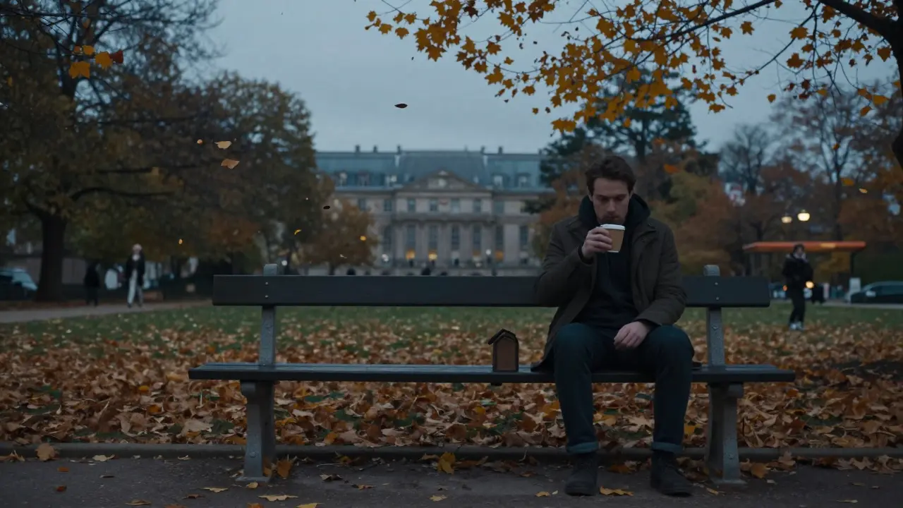 An empty bench in Parc des Buttes-Chaumont as autumn leaves fall gently, a man sits alone sipping coffee in quiet twilight.