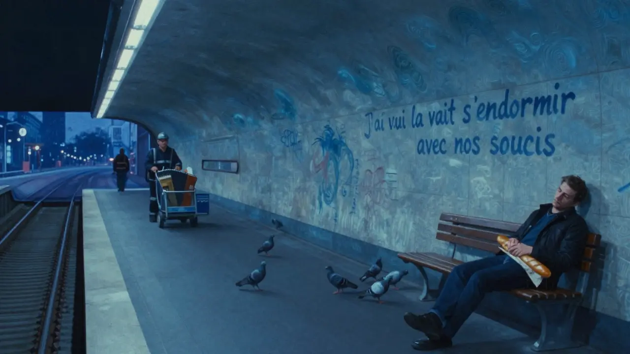 An empty Paris metro platform at dawn, a street cleaner pushes a cart as pigeons scatter, the city still asleep.