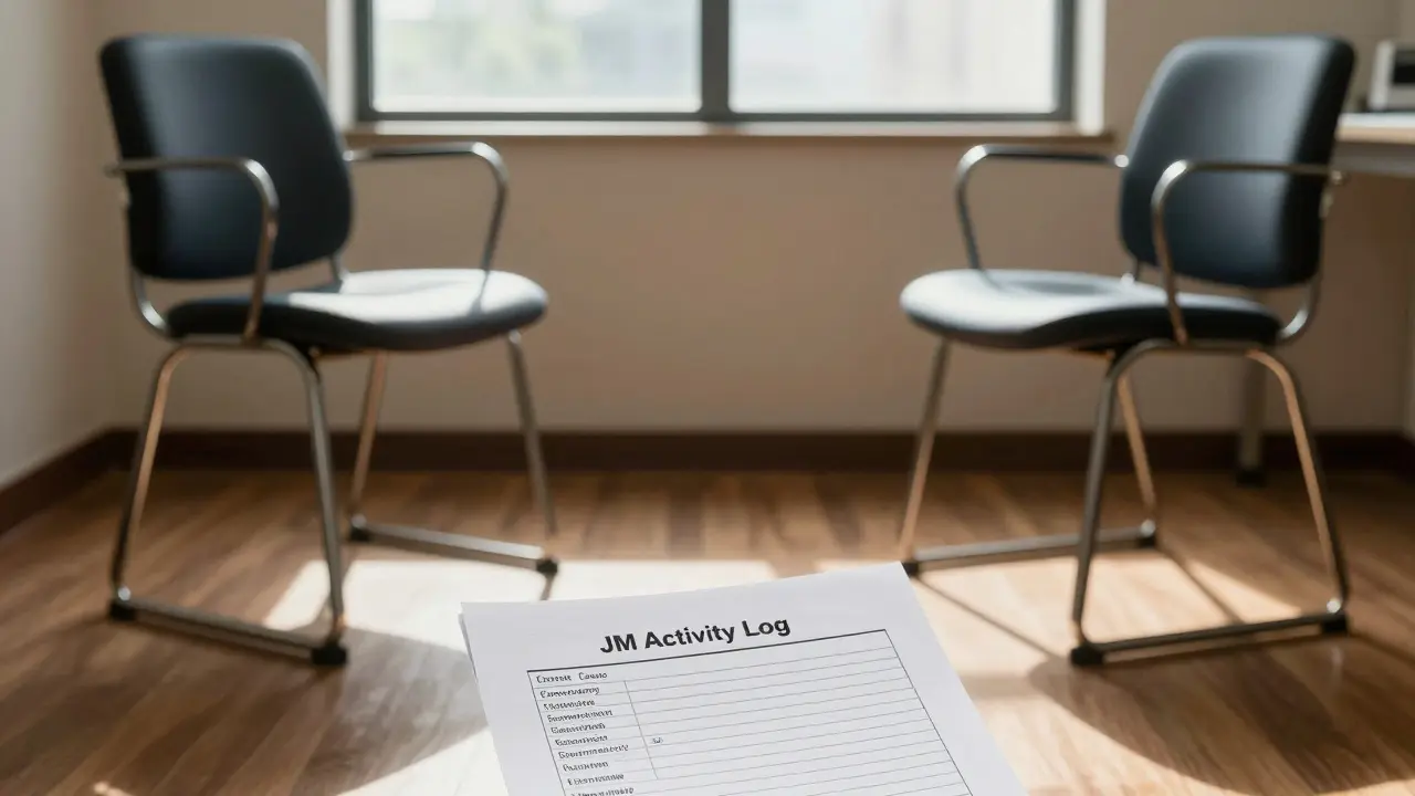 An empty therapist's office with a printed JM activity report on the floor.
