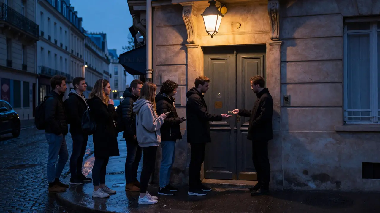 An unmarked door in Paris at night, locals waiting to enter a secret club with cash in hand.